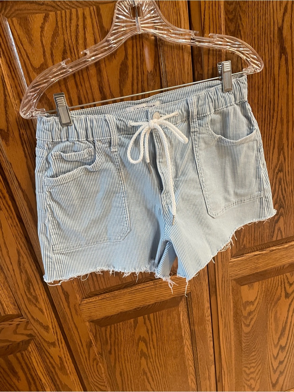 Women's Light Blue Drawstring Shorts with Raw Hem